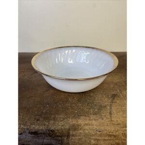Fire Long Milk Glass Gold Trim Swirl 8" Serving Bowl